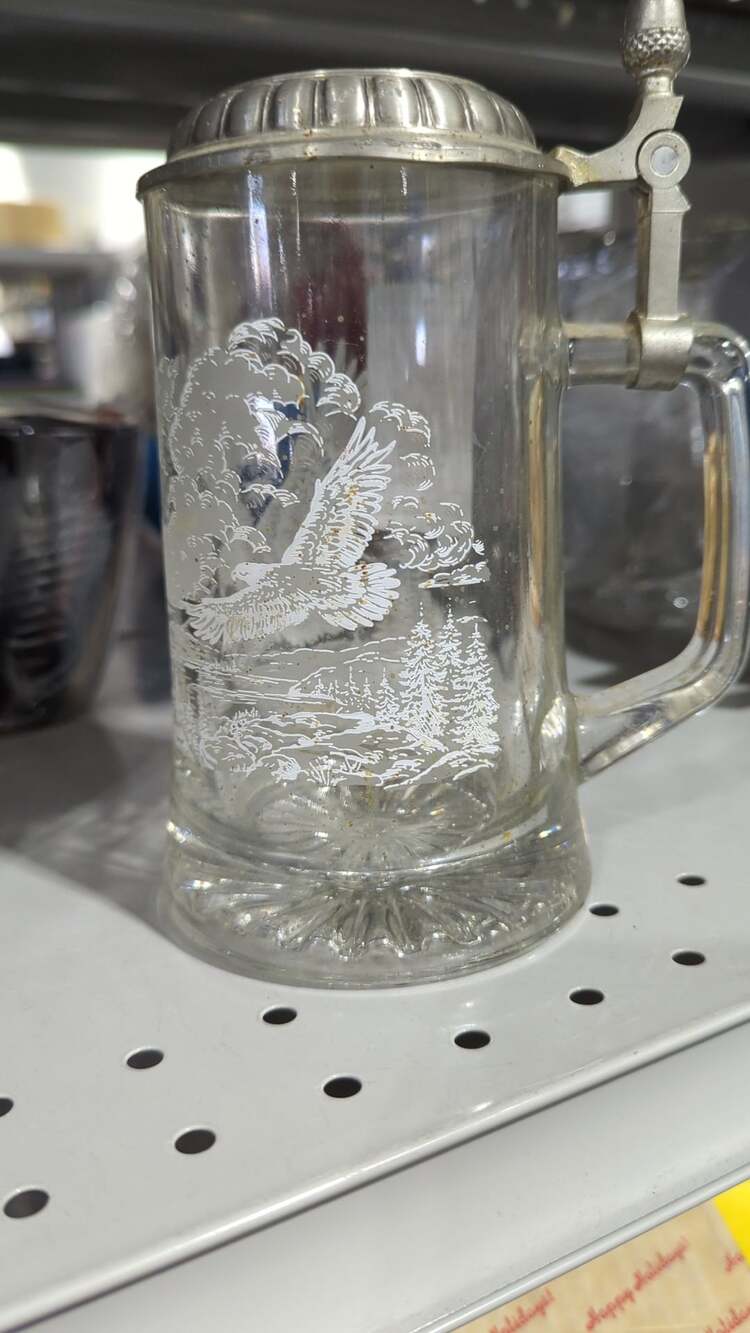 James Meger Eagle Beer Stein Etched Glass Clear Collectible